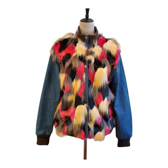 GUESS LA SZ S Women's Multi-color Faux-Fur & Denim Zip Front Bomber Jacket - Picture 6 of 12